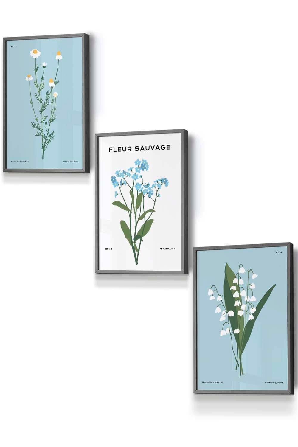 Set of 3 Dark Grey Framed Vintage Graphical Blue Spring Wild Flower Market Wall Art